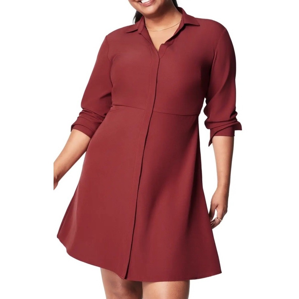 SPANX Long Sleeve Crepe Shirt Dress – Moroccan Red – Size S